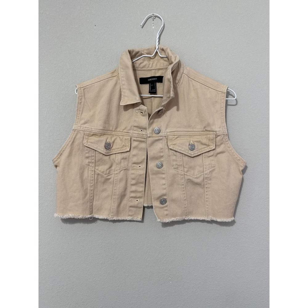 Y2K Khaki‎ Denim Cut Off Vest Women's Small Bohemian Festival Minimalist Capsule